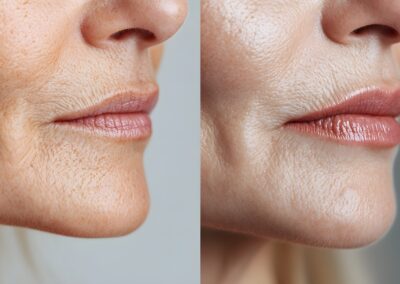 showcasing the results of anti-aging products, featuring side-by-side photos of a woman's mouth area before with wrinkles, and after with smoother, firmer skin