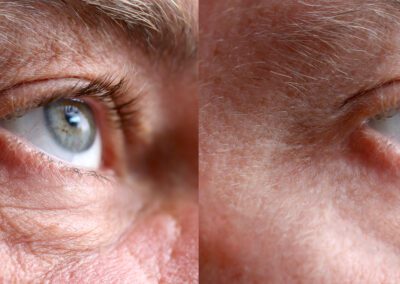 Close-up of a person's eyes, one with visible red veins and the other clear, in a split-image comparison